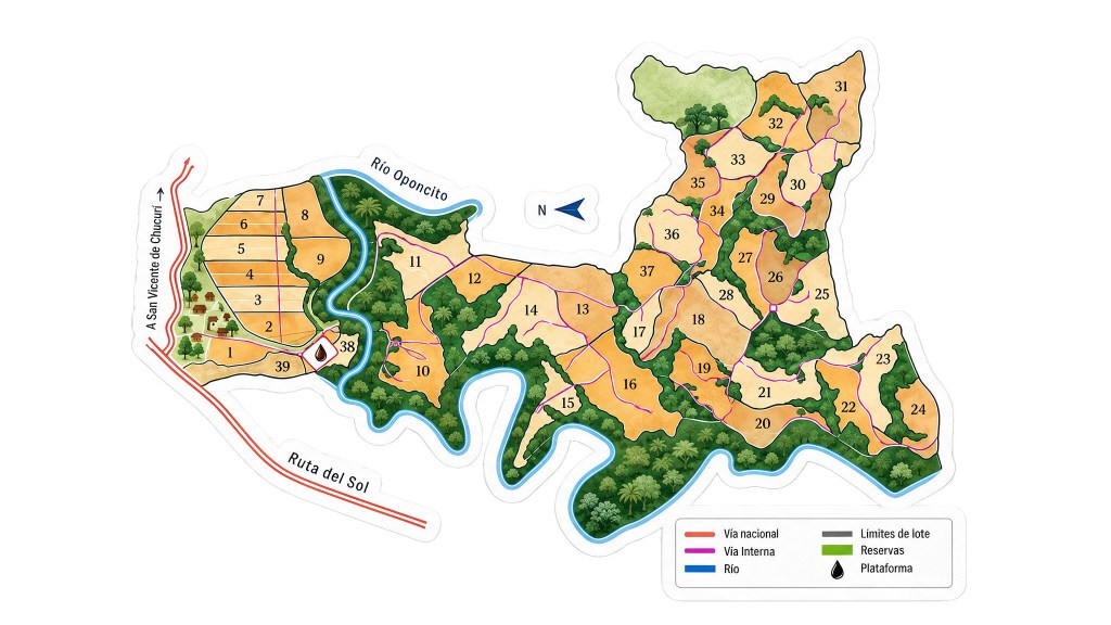 Mapa de la Granja Yariguíes en Santander que muestra lotes productivos de cacao, reservas de bosque, vías internas y el río Oponcito.