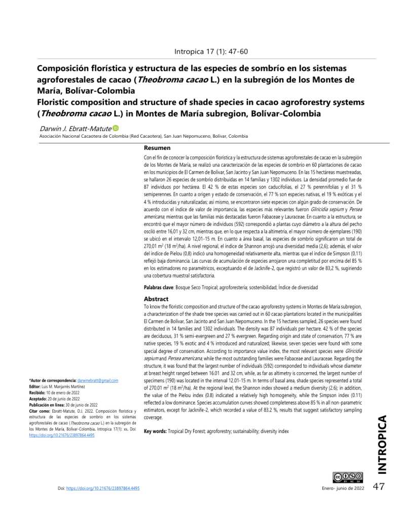 Primera página del artículo de 2022 sobre composición florística y estructura de especies de sombrío en sistemas agroforestales de cacao de los Montes de María