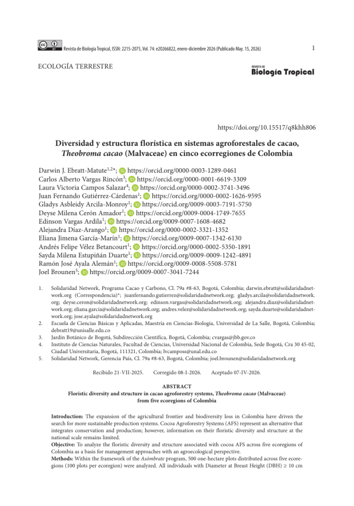 Primera página del artículo de 2026 sobre diversidad y estructura florística en sistemas agroforestales de cacao en cinco ecorregiones de Colombia